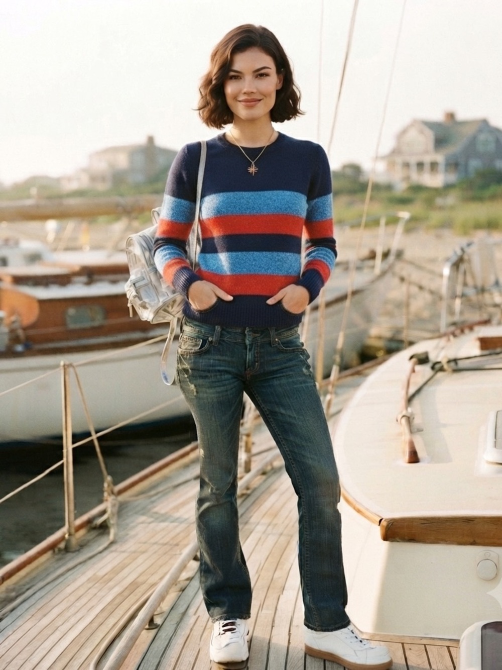 TOMMY HILFIGER Cotton Knit Striped Sweater Women's Large Blue Orange Nautical